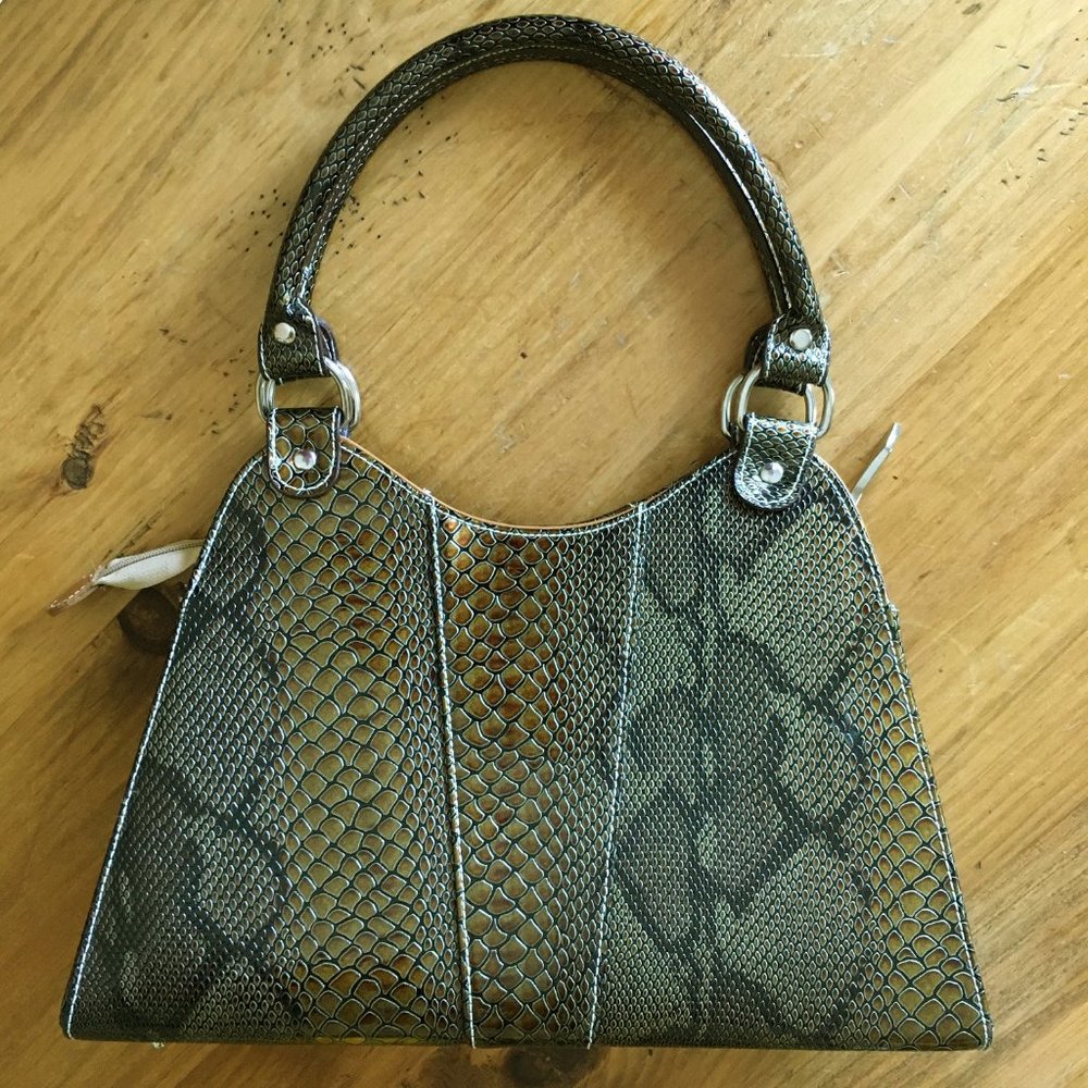 Vintage Bronze Snakeskin Classic Handbag with Contrast Stitching